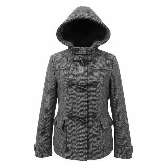 WESC Jackets & Blazers - WeSC Thora Hooded Herringbone Wool Blend Duffel Coat Toggle + Zip Gray Size S